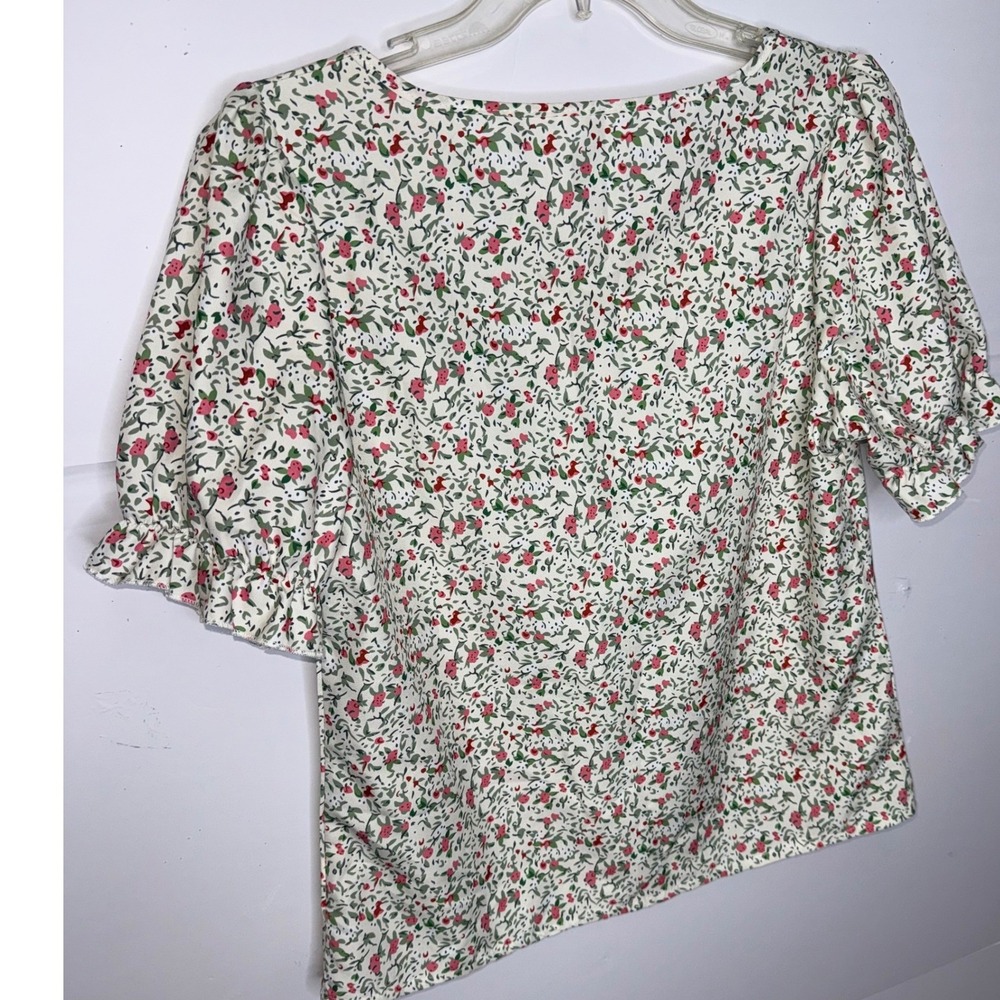 Floral Puff Sleeve Top Women M White Pink Square Neck Ruffle Coattage Girly Chic - Picture 2 of 6